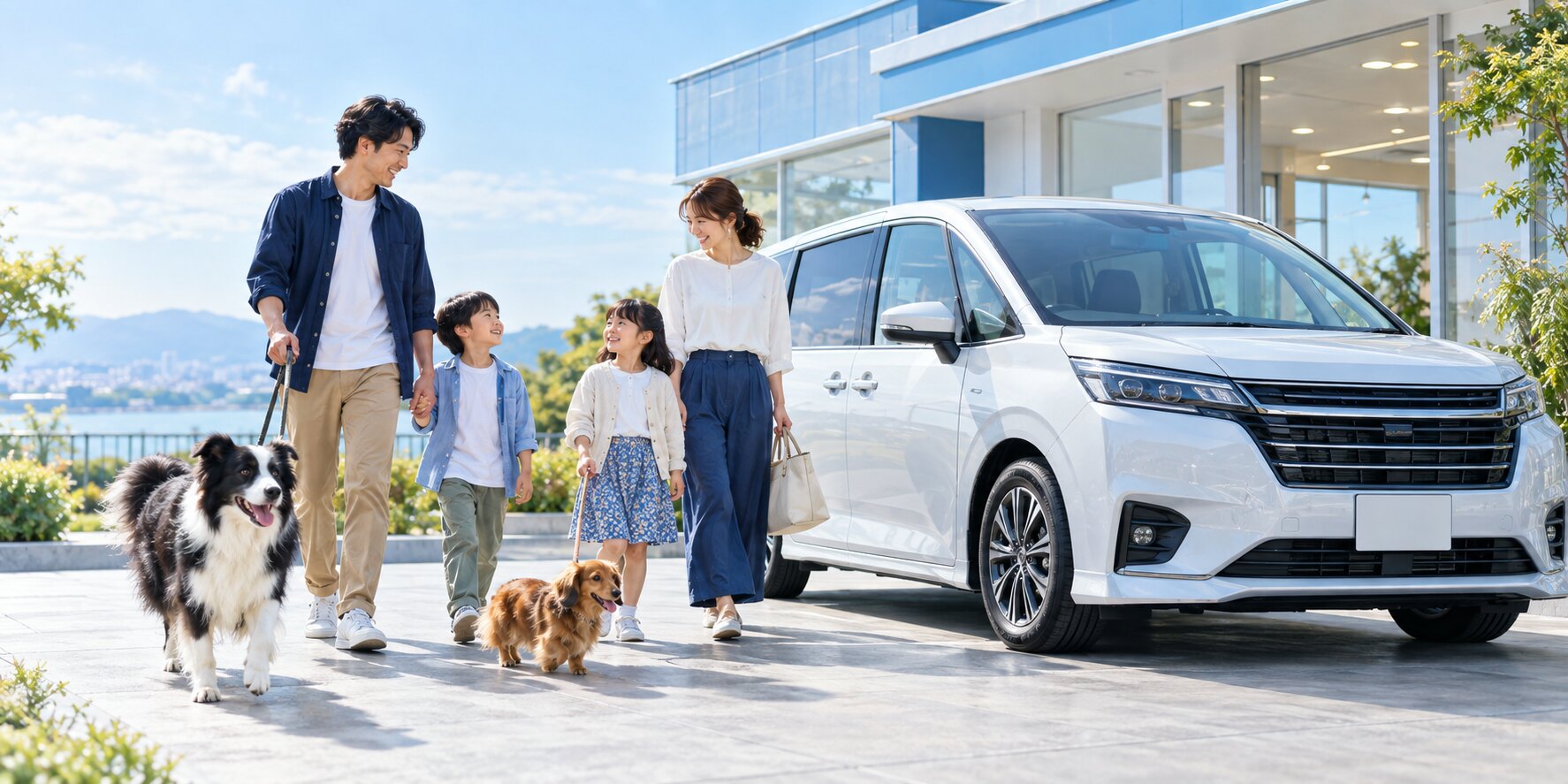 家族とボーダーコリー、ミニチュアダックスが車と過ごすイメージ